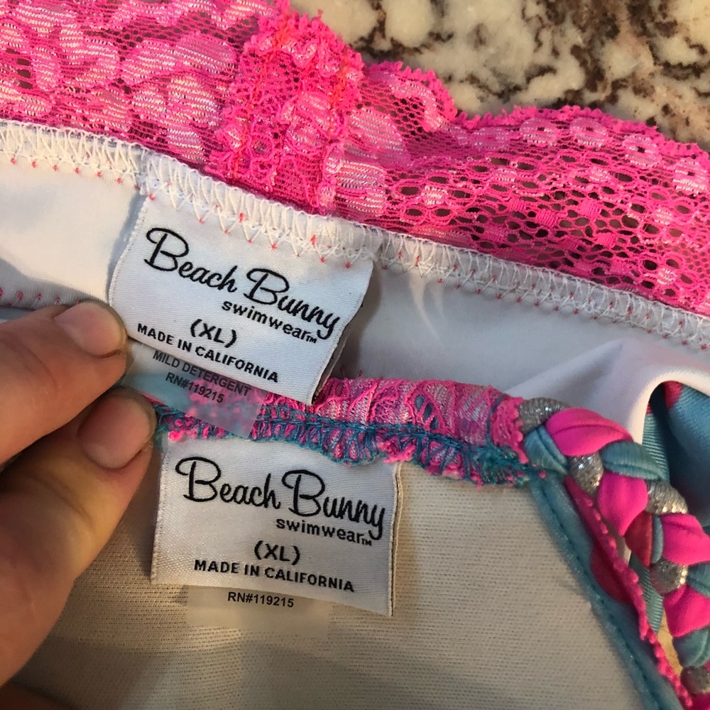 Beach Bunny Aqua Polka Dot Bikini with Hot Pink Lace Trim - Picture 5 of 8